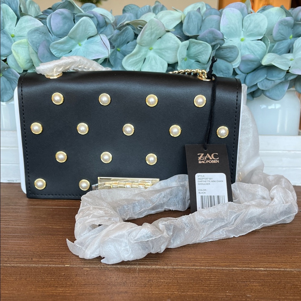 NWT ZAC Zac Posen Black Crossbody with Pearl Accents